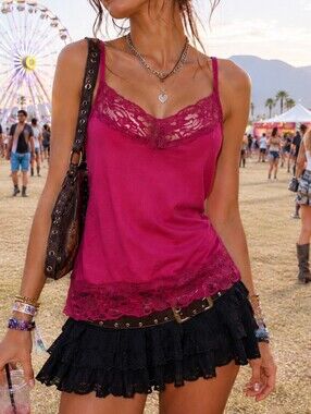 Romy Fuchsia Lace-Trim/Hem Camisole Small Y2K Adjustment Straps Festival Pink